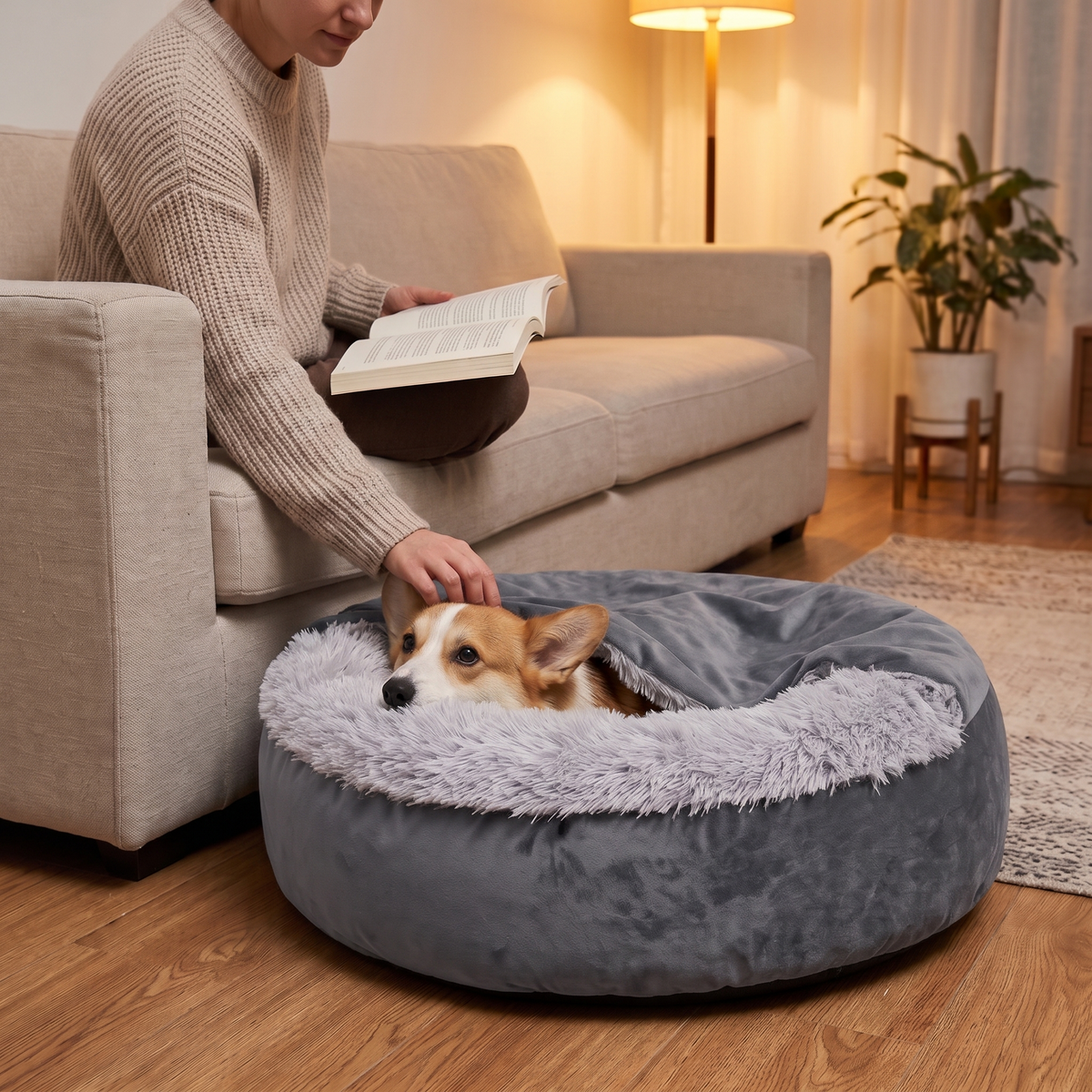 CuddleCave – Corgi lying in the bed right next to the sofa