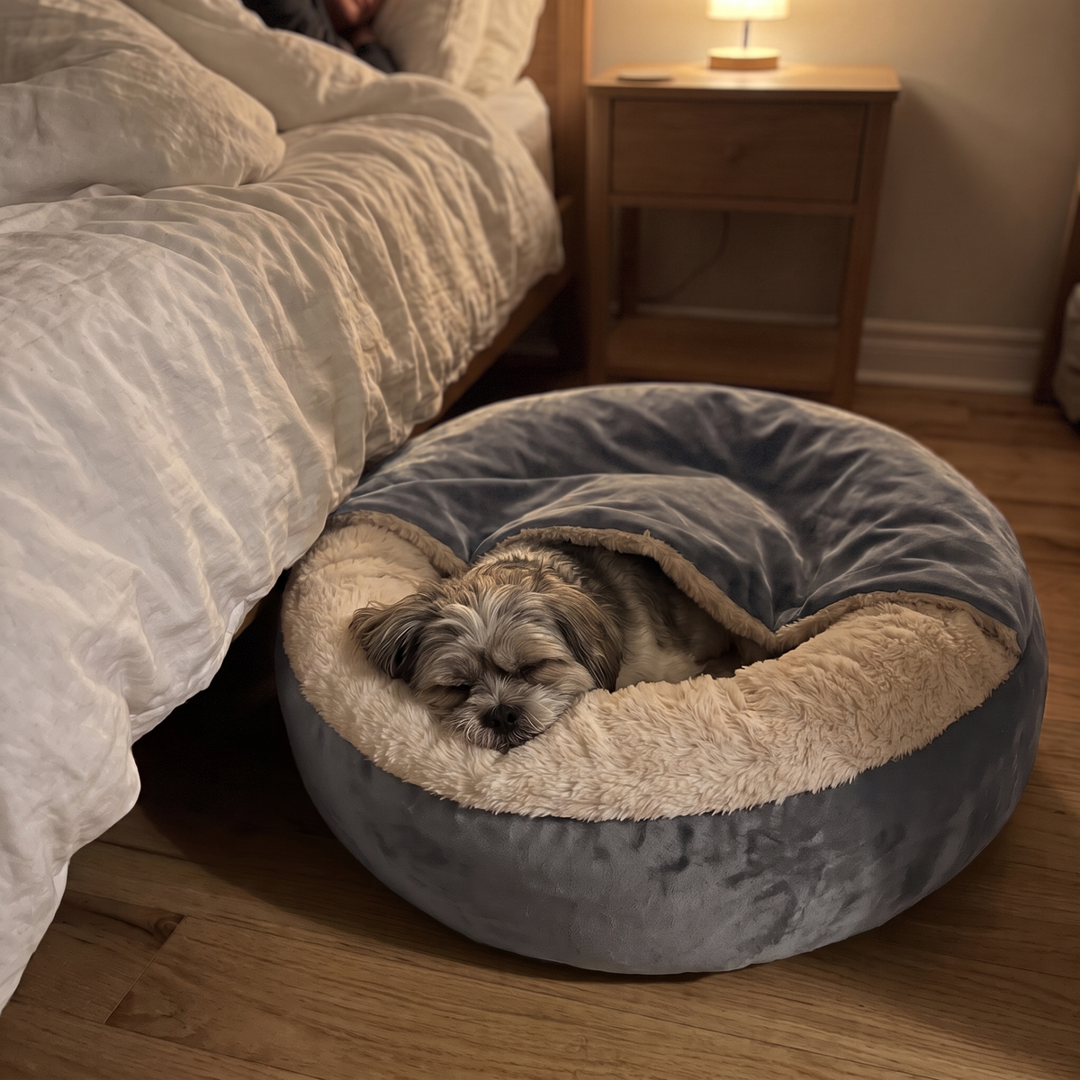CuddleCave – Dog asleep under the blanket next to the bed at night
