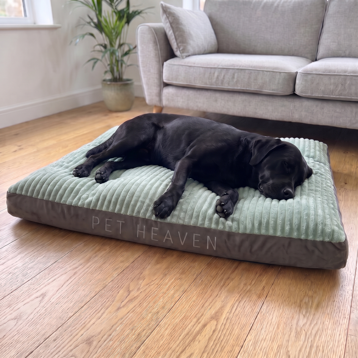 DreamPad – Labrador asleep stretched out on DreamPad in XL next to the sofa