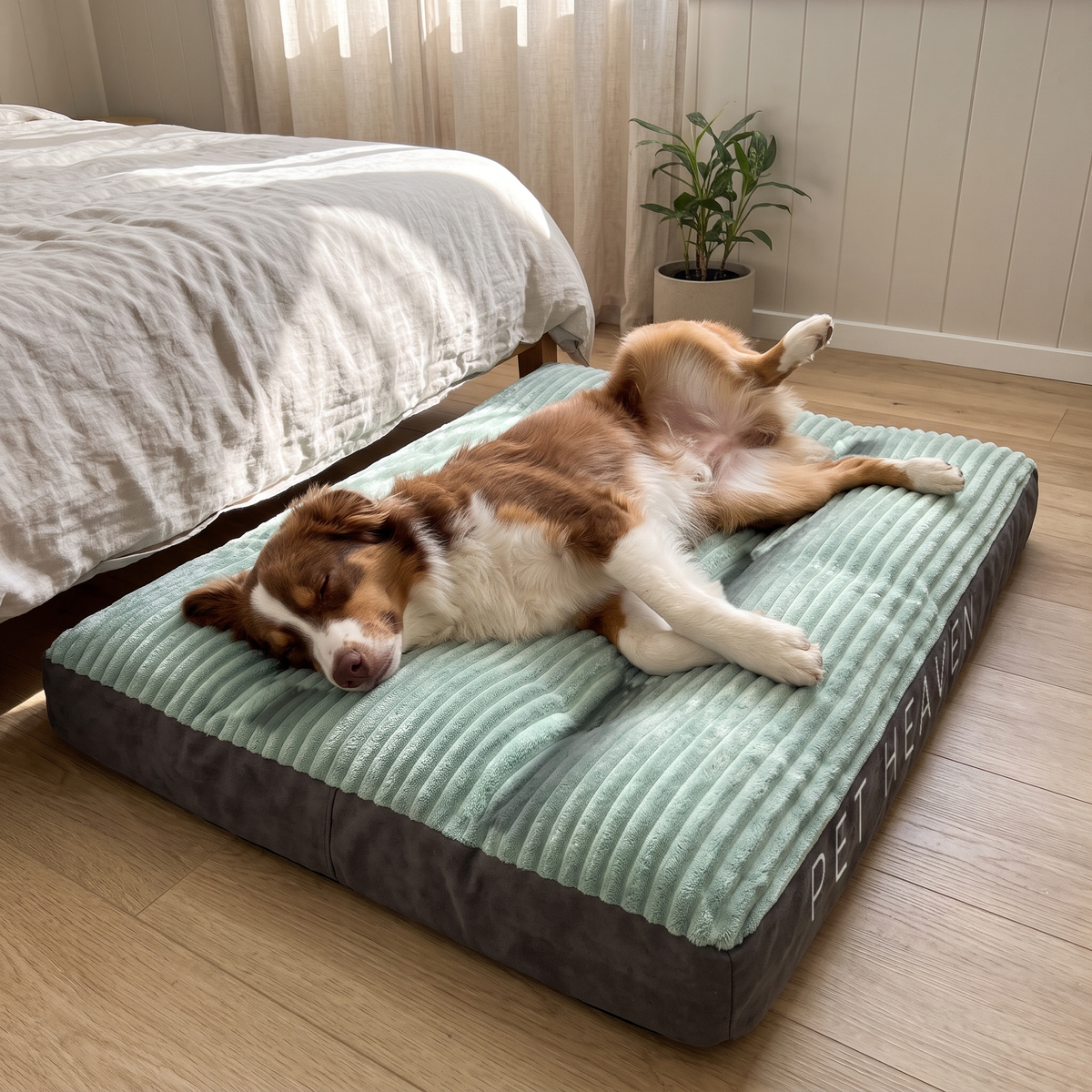 DreamPad – Australian shepherd sleeping stretched out on the corduroy dog mattress