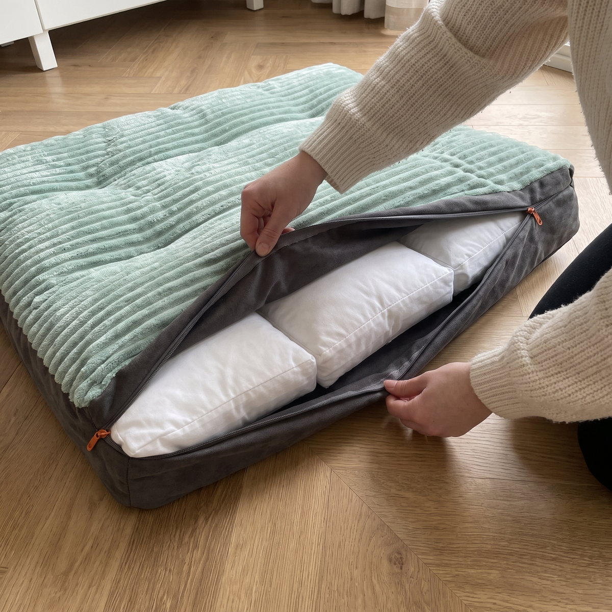 DreamPad – opening the zip cover, 3 filling cushions inside