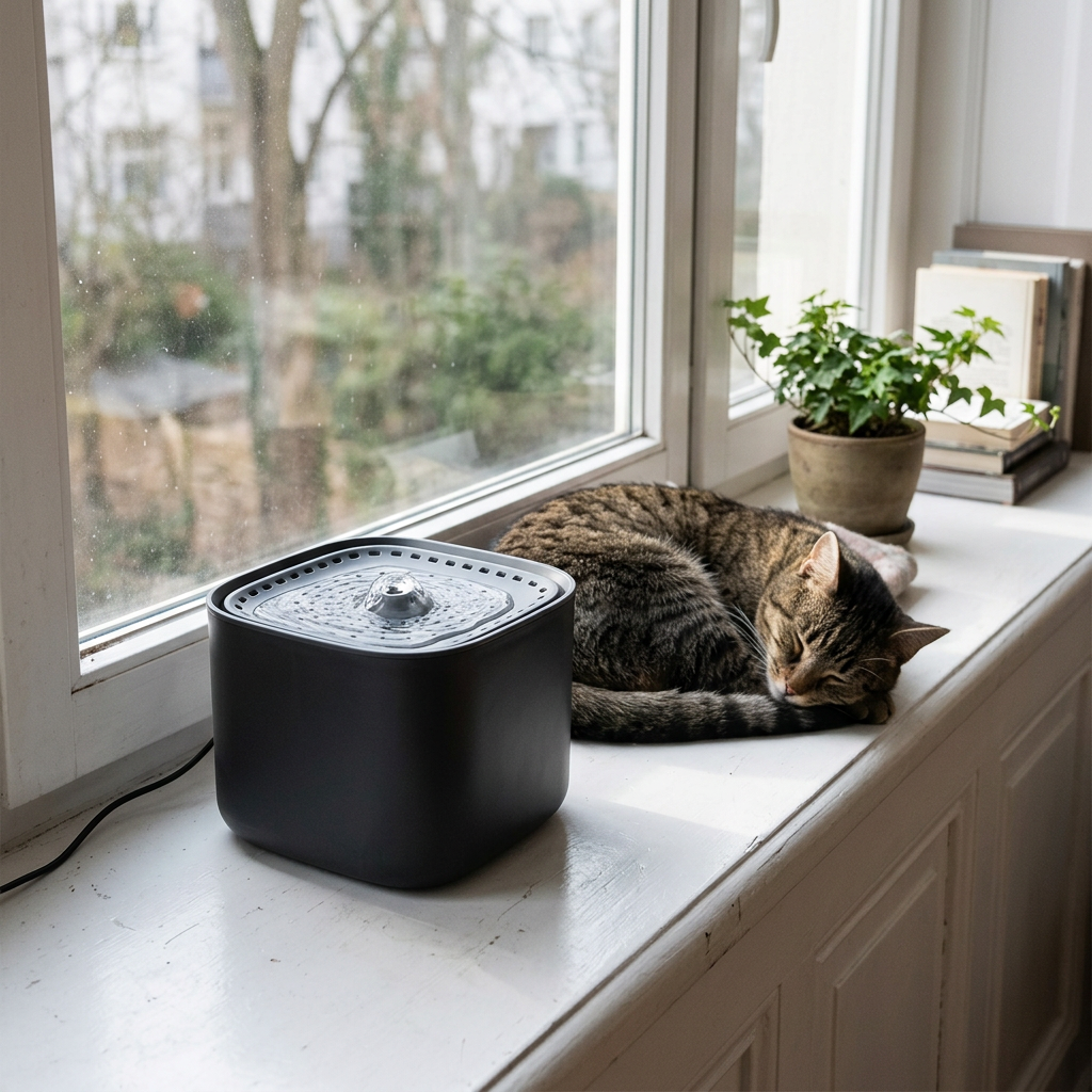 DrinkBuddy Katzenbrunnen auf dem Fensterbrett, Katze schläft daneben