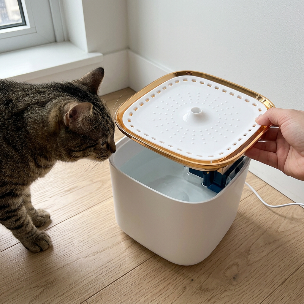 DrinkBuddy Katzenbrunnen – Deckel abnehmen zum Reinigen