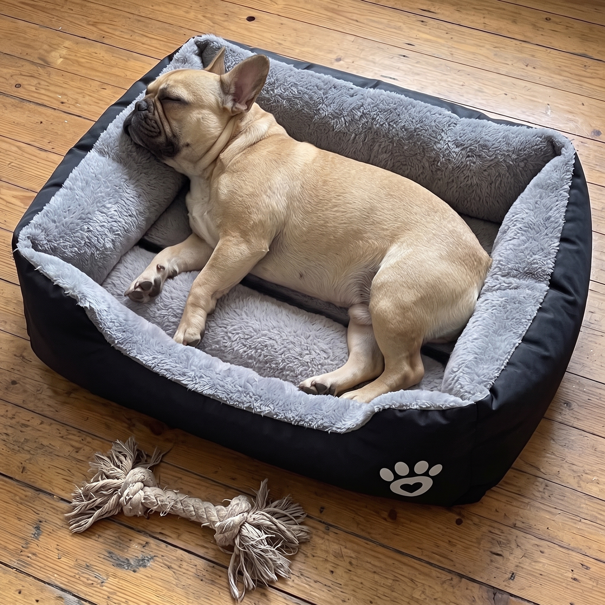 Französische Bulldogge legt den Kopf auf den gepolsterten Rand des schwarzen NapBox