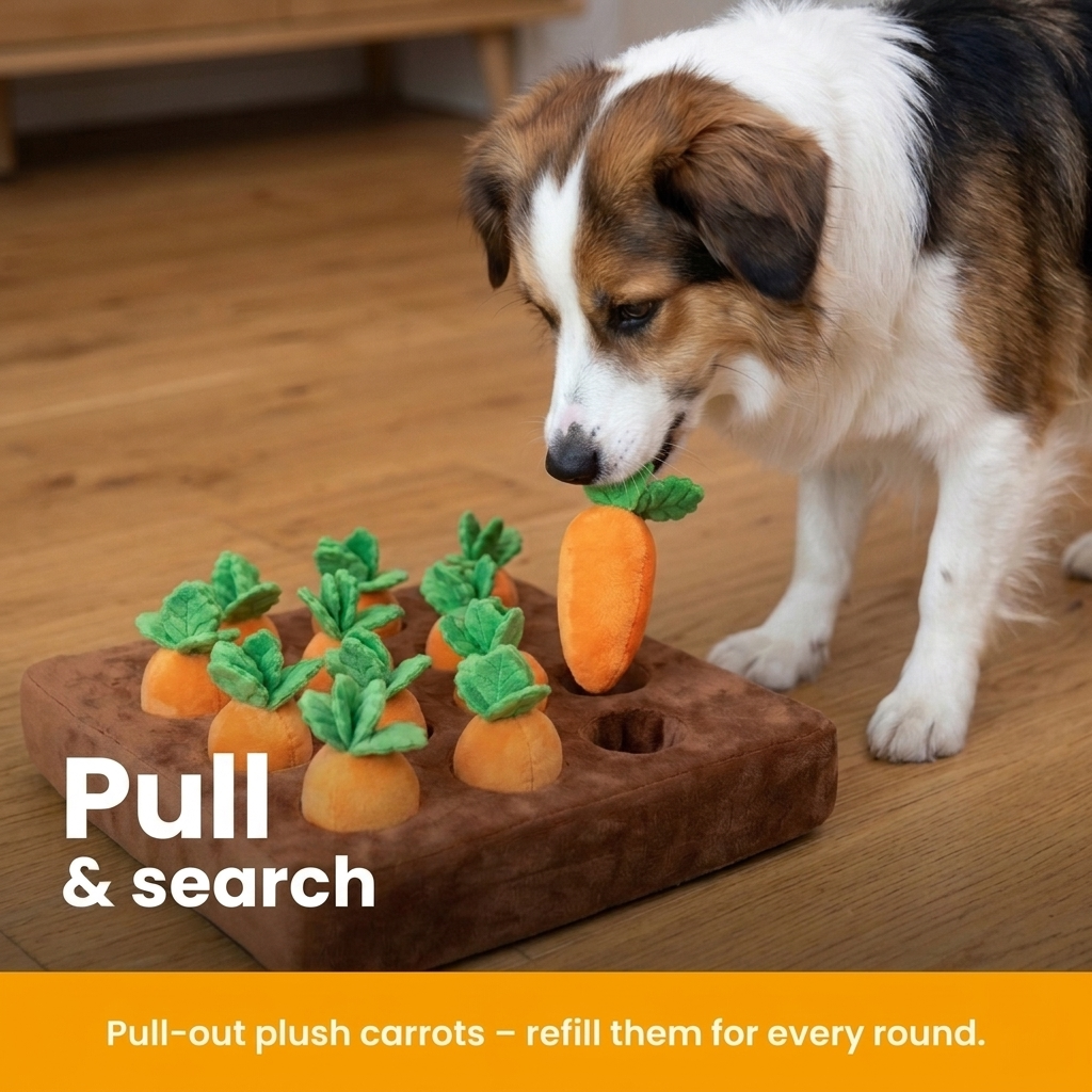 [en] Dog pulling a plush carrot out with its mouth
