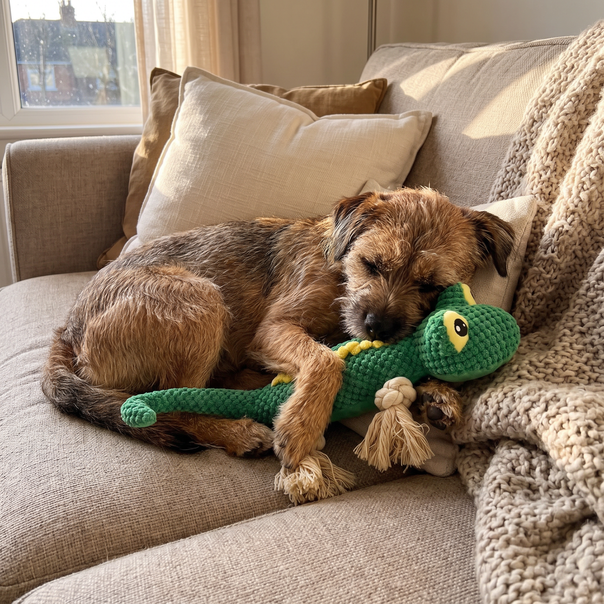 KnabberEchse Gecko-Hundespielzeug auf dem Sofa