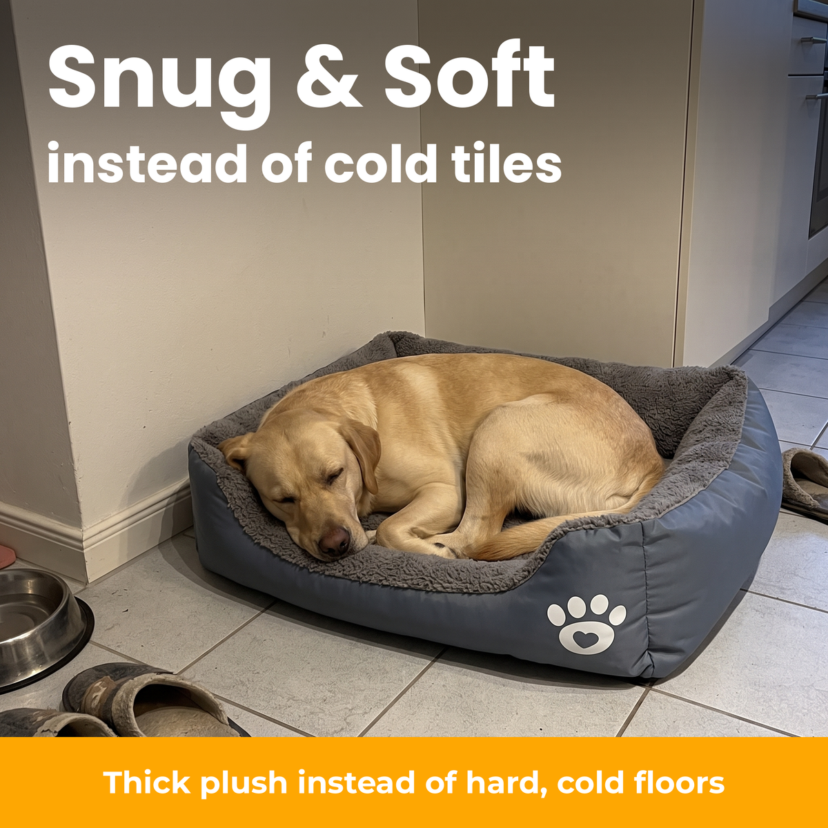 [en] NapBox – Labrador asleep in the grey NapBox on a tiled floor