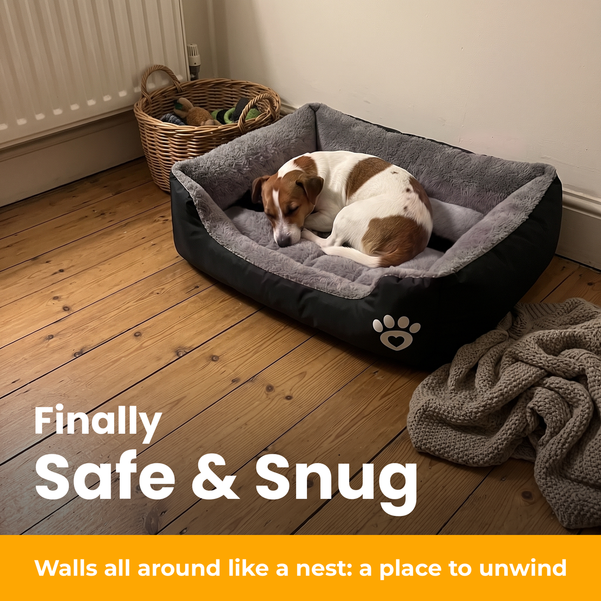 [en] NapBox – Small dog curled up in the black NapBox