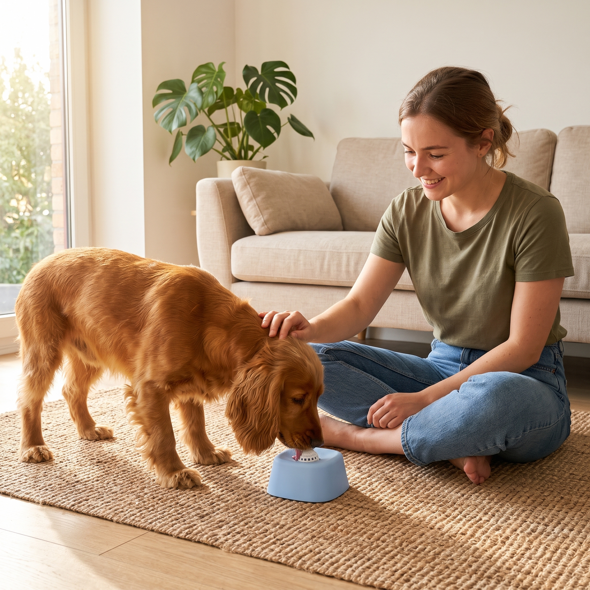 Woman petting her spaniel while it licks the blue and white Schleckball