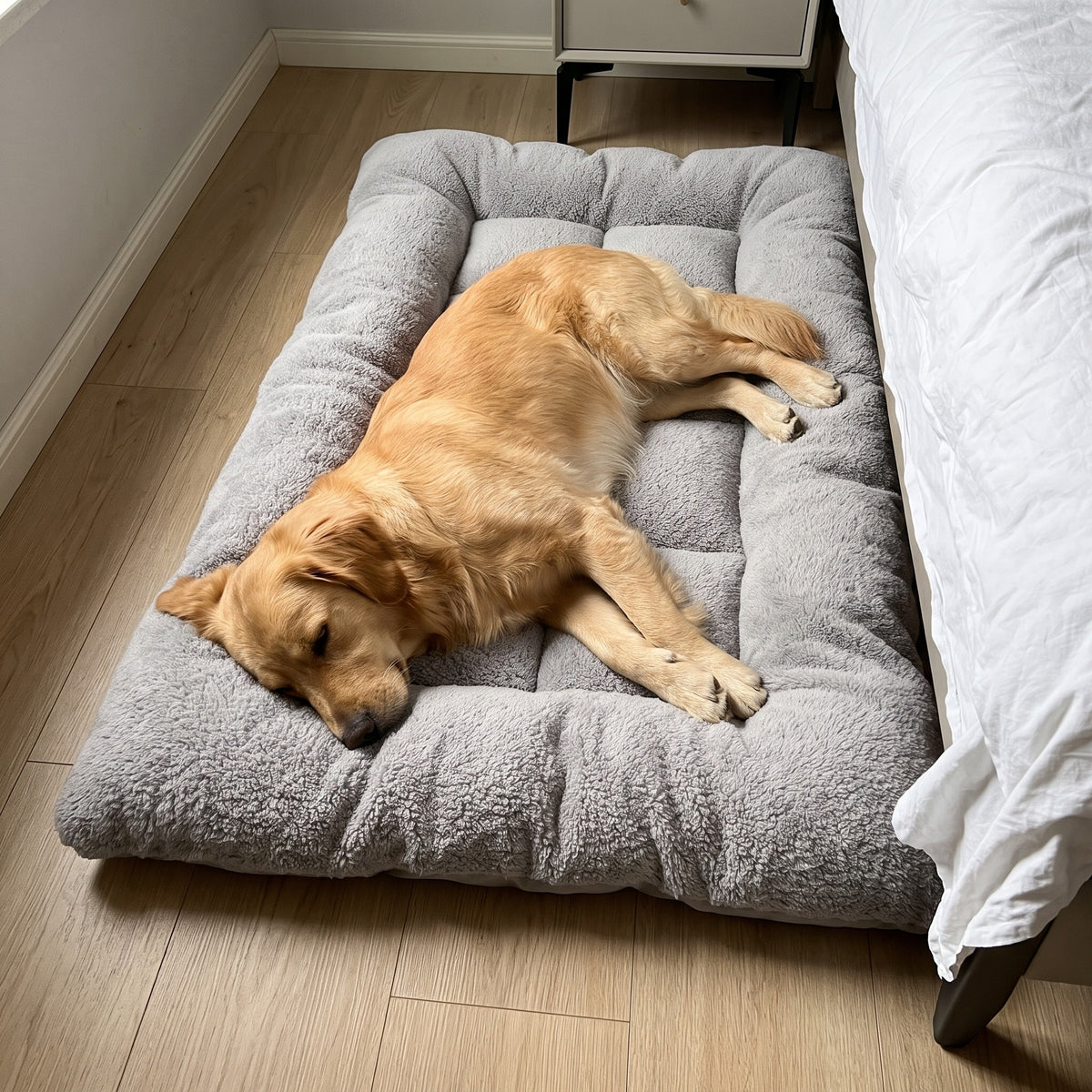 TeddyBed – Golden Retriever sleeping in the TeddyBed next to the bed, head on the rim